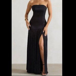 Club L London Confidence | Black Satin Bandeau Pleated Maxi Dress